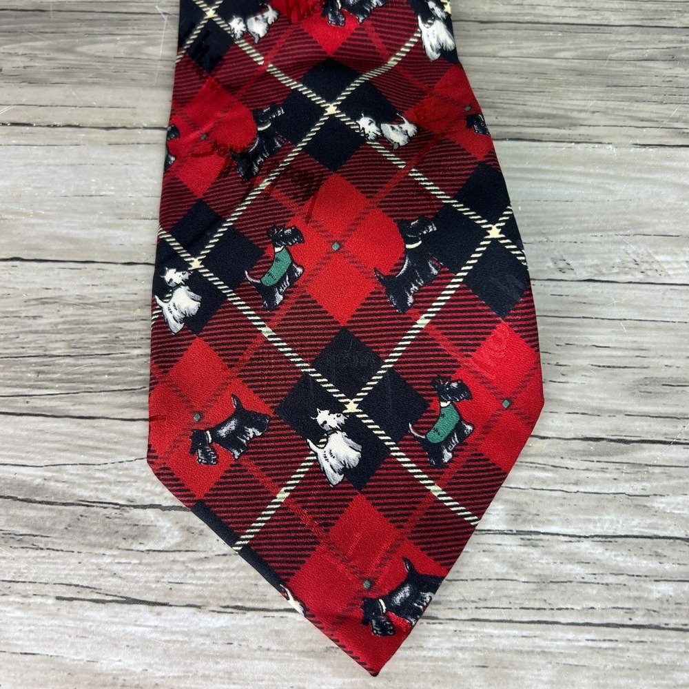 Nicole Miller Silk Tie Scottish Terriers‎ Dog Puppies Red Plaid Tartan